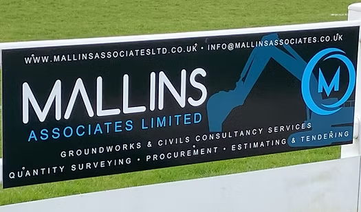 Mallins Associates advertising board at Royal Wootton Bassett Rugby Club